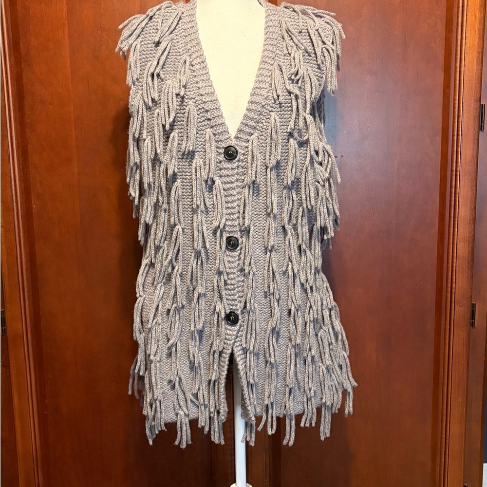 Lafayette 148 New York Boho Funky Wool/Silk Blend Gray Fringe Sweater Vest